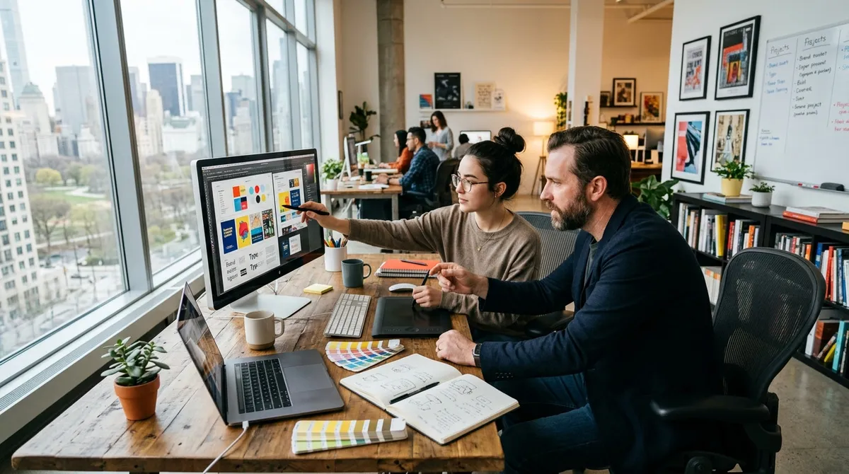 Graphic designer and creative director in a bright studio workspace reviewing visual proofs together on a desk display with focused expressions