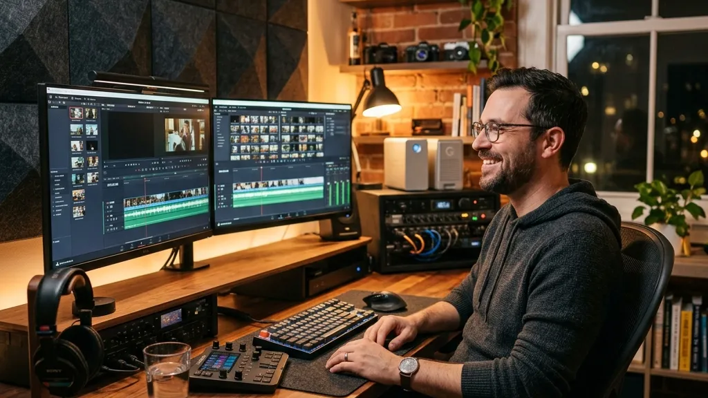 A freelance video editor in a modern studio looking relieved as they review client comments on an editing monitor with warm lighting.