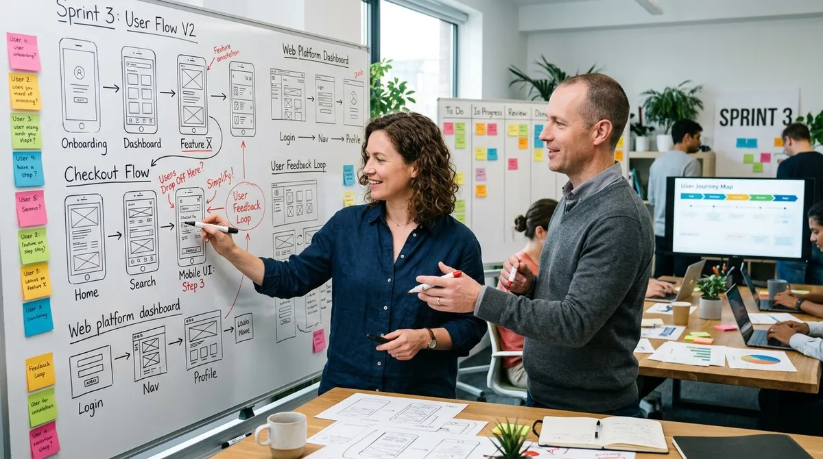 A freelance web designer and an art director reviewing website wireframe layouts on a studio desk