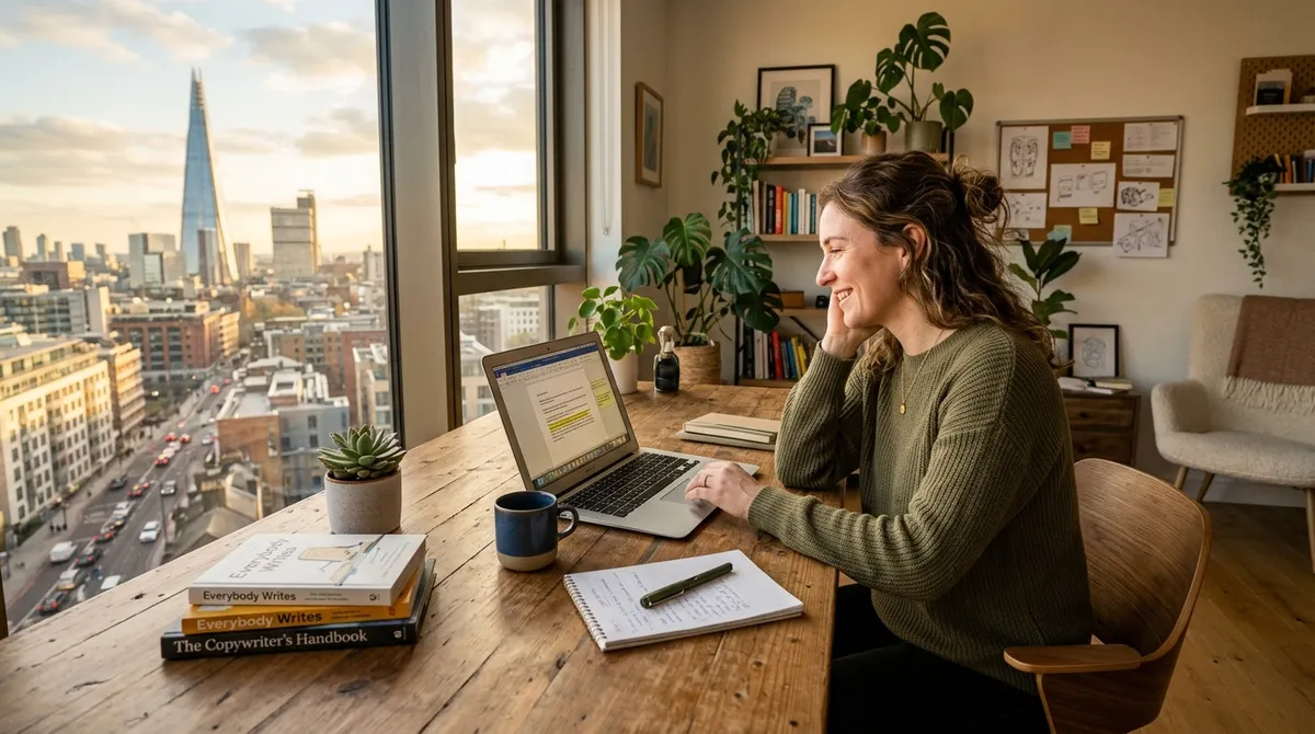 A freelance copywriter in a sunlit studio reviewing client feedback on a laptop desk with a calm, relieved expression