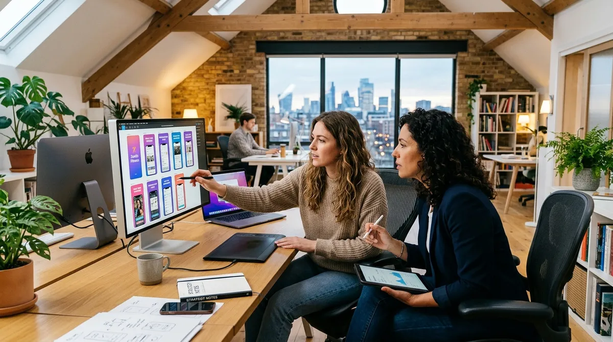 A freelance graphic designer and mobile marketing strategist collaborating in a clean creative studio, reviewing App Store screenshot mockups with focused determination.