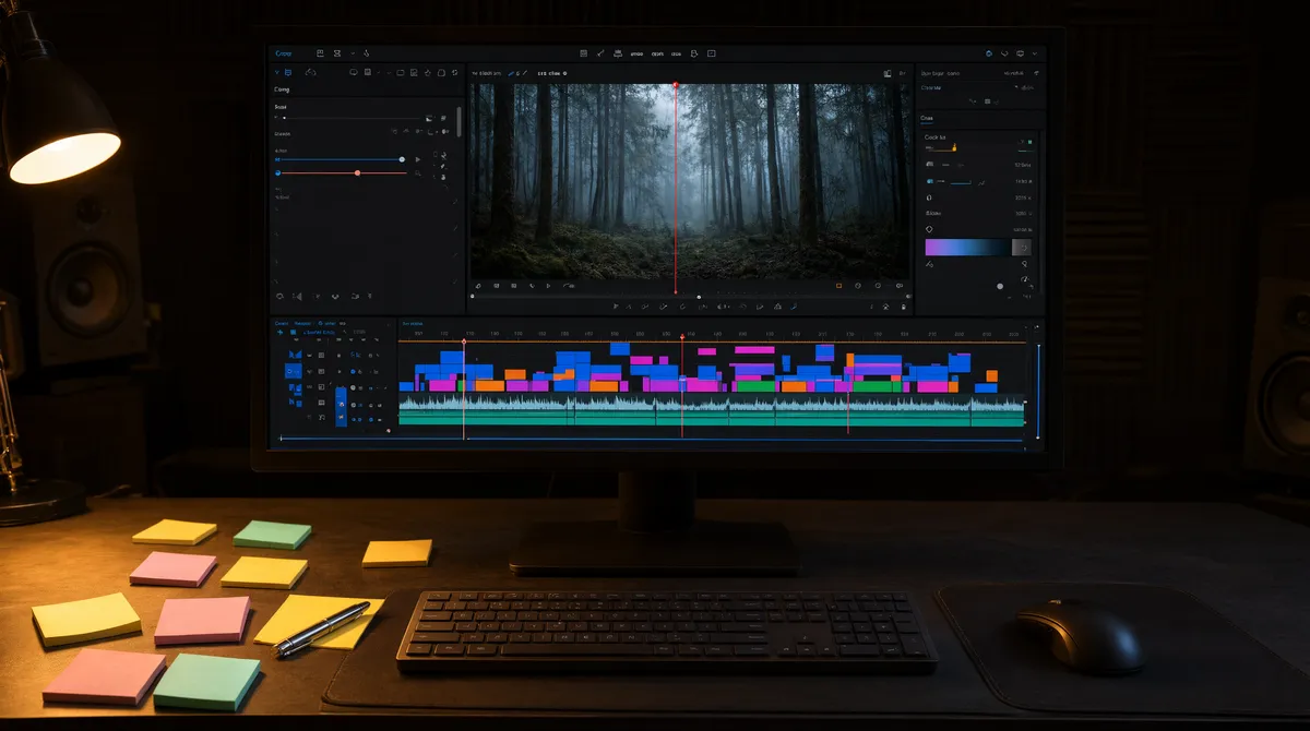 A freelance video editor at a desk reviewing a written revision policy document beside a monitor showing a video timeline.