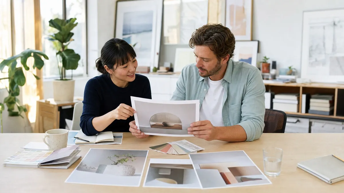 A London freelance designer sharing a review link on a laptop while a client nods approvingly in a modern studio