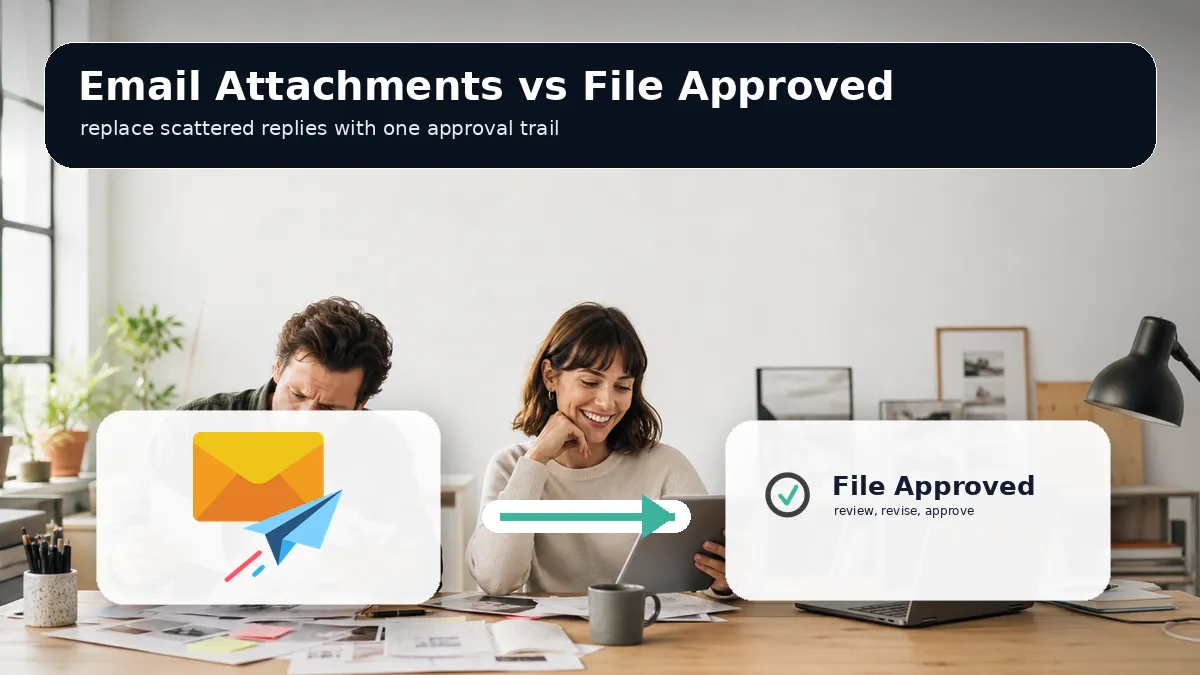 Provided email icon beside the File Approved logo in a people-focused client approval scene