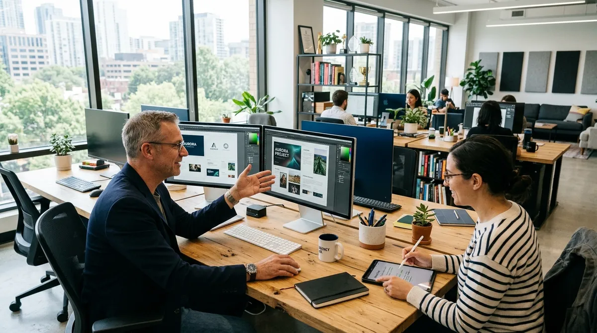 Senior creative director and project manager reviewing digital proofing drafts together at a modern agency studio desk in natural light