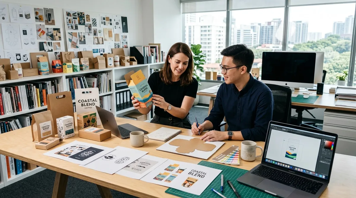 A focused graphic designer examining printed packaging samples and structural box mockups alongside a creative collaborator at a clean modern studio desk