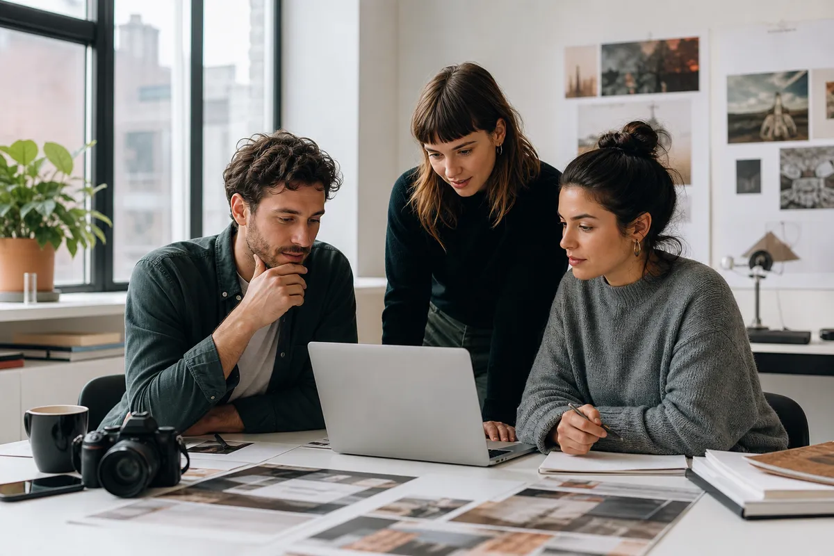 Freelancer and small creative team reviewing client approval feedback on a laptop in a bright studio workspace
