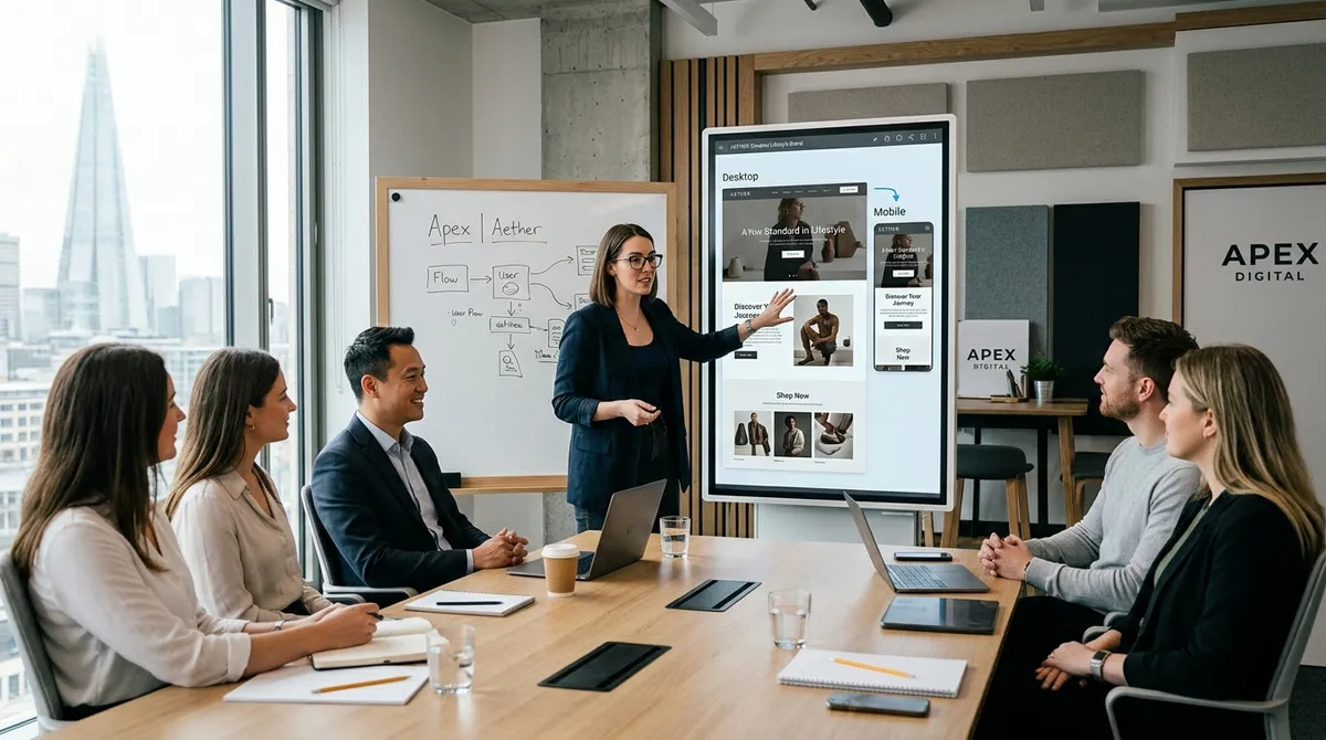 Web designer and client agreeing on a printed landing page proof at a bright creative studio desk